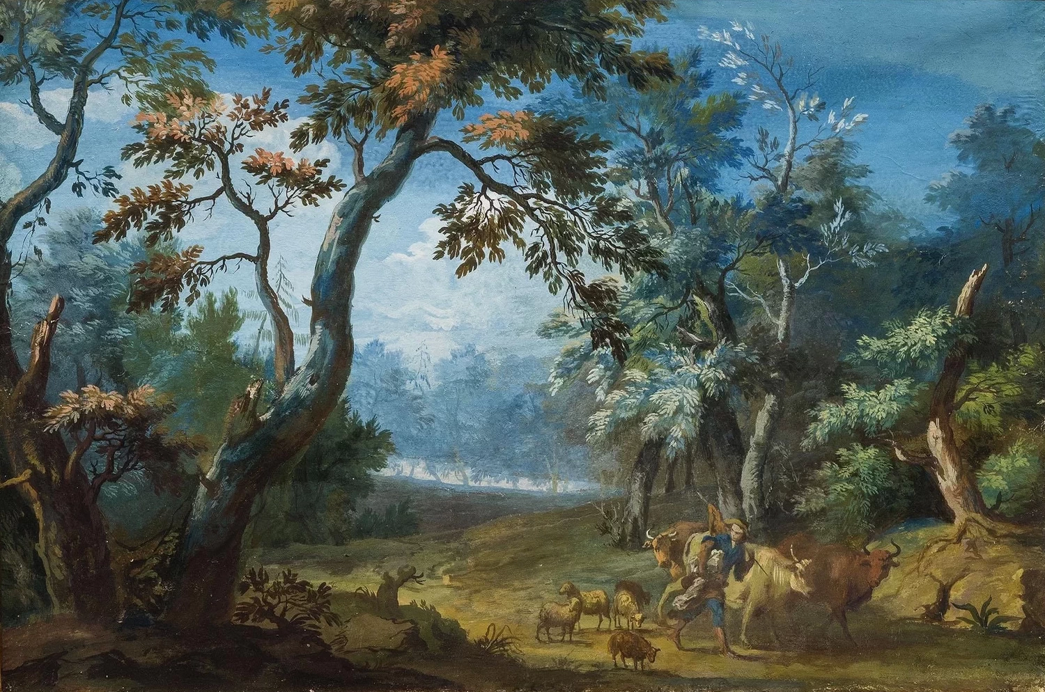 Paesaggio boscoso con pastore e armenti - attribuito